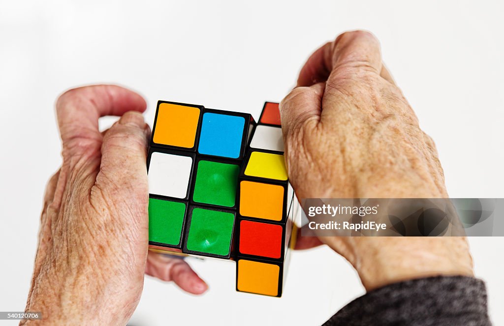 Rubiks cube, editorial, handling, old, retirement, puzzle, hands, seniors, aging