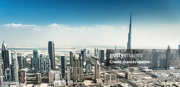 dubai skyline with downtown - arial view dubai skyline stock pictures, royalty-free photos & images