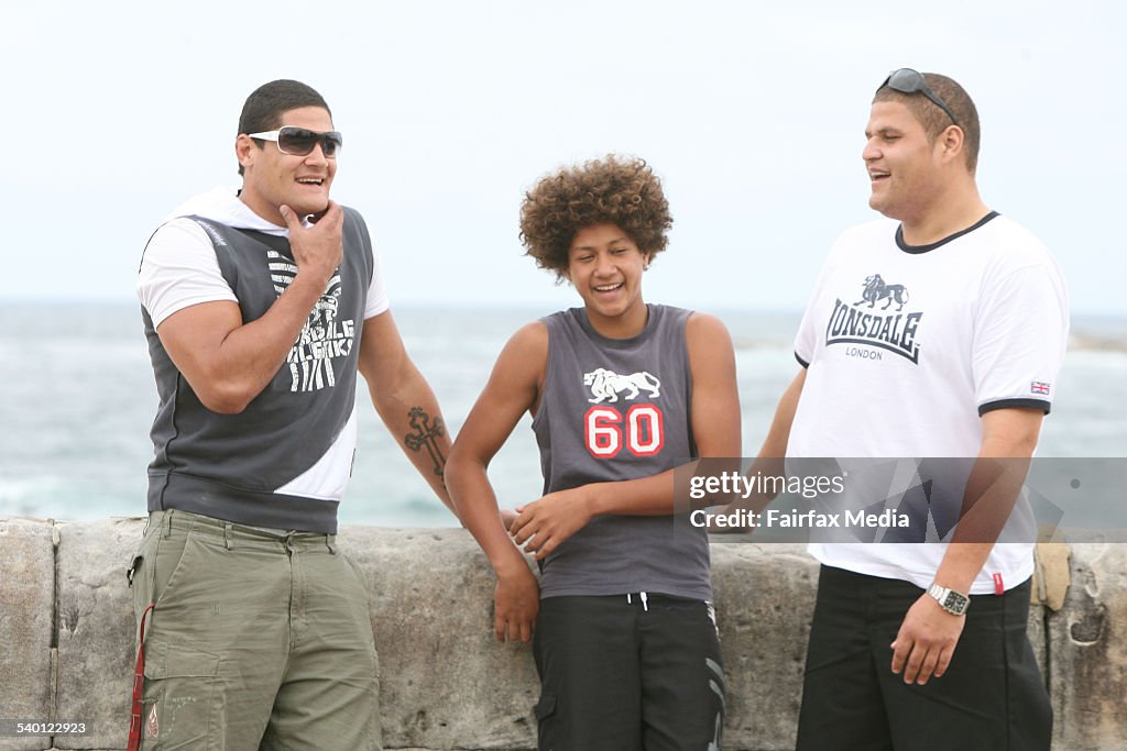 From left, Canterbury Bulldogs player Willie Mason with his brother Rod, 15, and