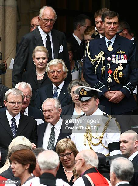 Former Prime Minister Malcolm Fraser with Air Chief Marshal Angus Huston, Bronwyn Bishop, former PM Bob Hawke, Bill Hayden and Opposition Leader...