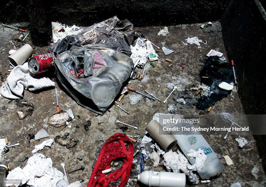 Drug paraphernalia in a light well in Kings Cross near the 6 month old Safe Inje