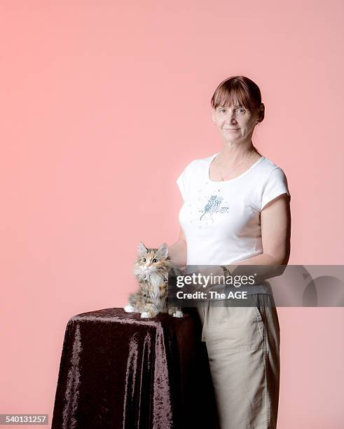 Gayle McPhee and her Siberian cat, Zamora, 29 March 2010. THE AGE Picture by DANIEL MAHON