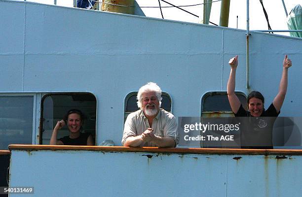 Captain Paul Watson on the bridge of a battle scarred Robert Hunter as the ship enters Melbourne Port after its Summer campaign against Japanese...