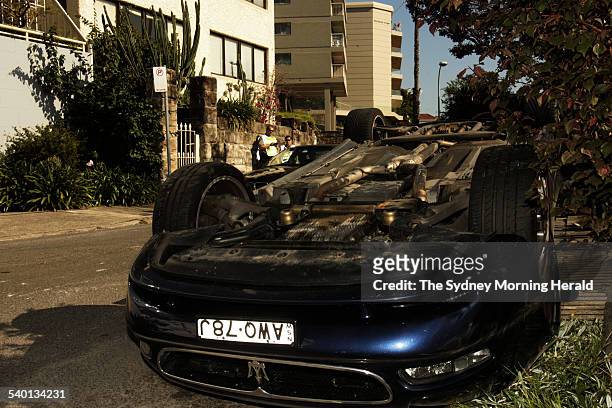 An upturned $110,000 1999 3200 GT Maserati which fell from a forklift in Elizabeth Bay, Sydney. The car was parked in a construction zone when a...