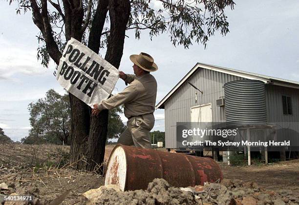 Michael McInerney, Officer in Charge of the Tilpa Polling Booth, prepares on Friday, 9 November 2001, for the federal election poll to take place on...