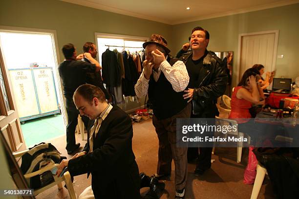 Opera in the Bush. Opera Australia's OzOpera singer David Thelander, Jason Wasley and Bradley Daley get ready before a performance of Georges Bizet's...