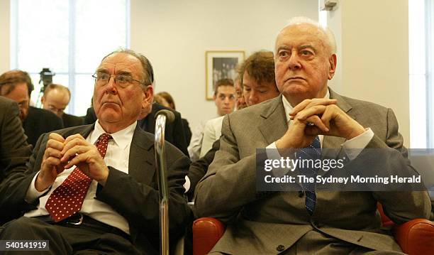 Former Prime Minister Gough Whitlam, right, with speechwriter Graham Freudenberg before briefing the media at the Release of Cabinet Documents from...