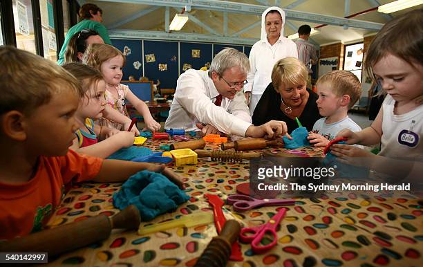 Opposition Leader Kevin Rudd and Jenny Macklin promoting an new Early Childhood Education announcement at Canoosa Kindergarten in Coorparoo,...