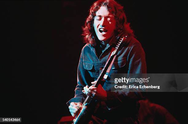 Rory Gallagher performs on stage at Reading Festival, United Kingdom, 16th March 1975.