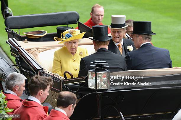 Queen Elizabeth II, Prince Philip, Duke of Edinburgh, Prince Harry and Prince Andrew, Duke of York arrive by carriage on day 1 of Royal Ascot at...