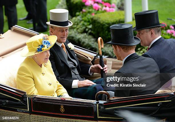 Queen Elizabeth II, Prince Philip, Duke of Edinburgh, Prince Harry and Prince Andrew, Duke of York arrive by carriage on day 1 of Royal Ascot at...