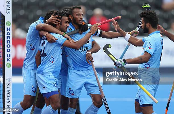 Chandanda Thimmaiah of India celebrates after scoring their second goal during the FIH Mens Hero Hockey Champions Trophy match between India and...