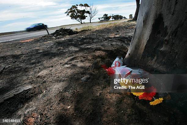 Photo shows flowers layed at the scene of an accident which killed seven people just north of Donald in north west Victoria. 28th September 2006. THE...