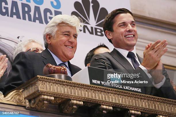Comedian Jay Leno and President of NYSE Group at Intercontinental Exchange, Inc., Thomas W. Farley ring the New York Stock Exchange opening bell to...