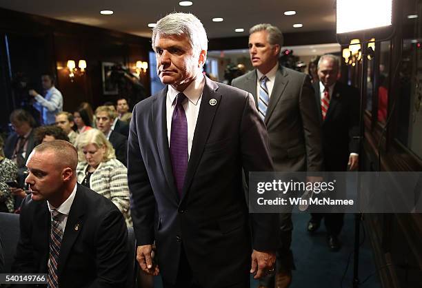 House Homeland Security Committee Chairman Rep. Michael McCaul arrives with members of the House Republican leadership following their weekly policy...