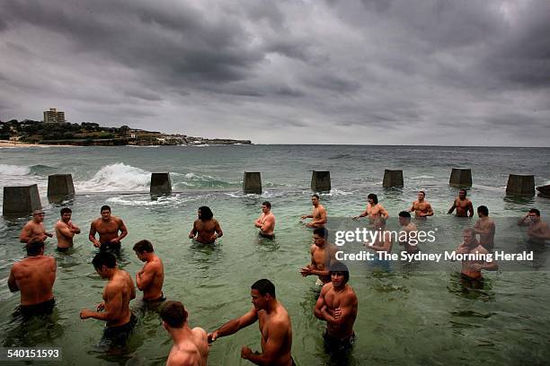 Australia's rugby league team, the Kangaroos, go through a recovery session at Coogee Bay yesterday after their loss to Great Britain on Saturday...