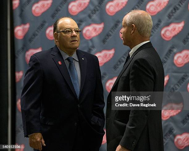 Scotty Bowman talks with Mark Howe before the doors open for the Gordie Howe public visitation at Joe Louis Arena on June 14, 2016 in Detroit,...