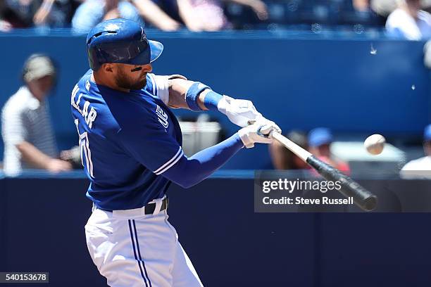 Kevin Pillar hits a home run in the second inning as the Toronto Blue Jays play an afternoon game against the Philadelphia Phillies in Toronto. June...