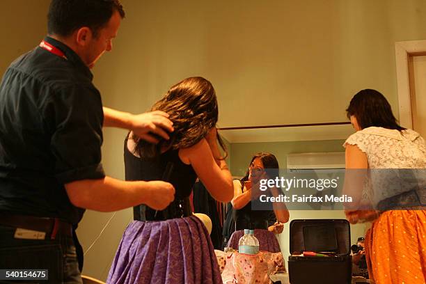 Opera in the Bush. Opera Australia's OzOpera lead singer Dimity Shephard gets ready with wig coordinator Ross Hall before a performance of Georges...