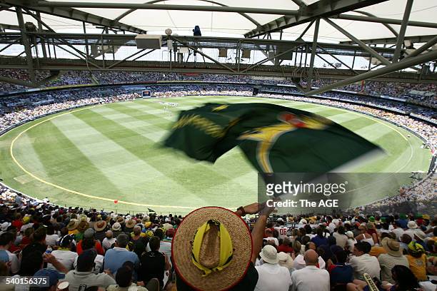 The Ashes 2006-2007. An Australian fan waves a boxing kangaroo flag on Day One of the First Test at the Gabba in Brisbane, 23 November 2006. THE AGE...