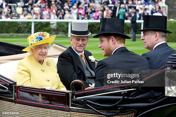 Queen Elizabeth II, and Prince Philip, the Duke of Edinburgh, with Prince Harry, and Prince Andrew,Duke of York, attend the first day of The Royal...