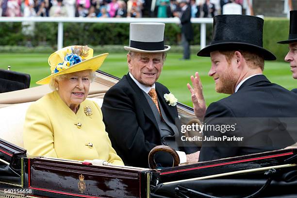Queen Elizabeth II, and Prince Philip, the Duke of Edinburgh, with Prince Harry, attend the first day of The Royal Ascot race meeting on June 14,...