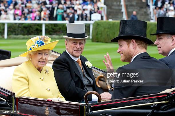 Queen Elizabeth II, and Prince Philip, the Duke of Edinburgh, with Prince Harry, and Prince Andrew,Duke of York, attend the first day of The Royal...