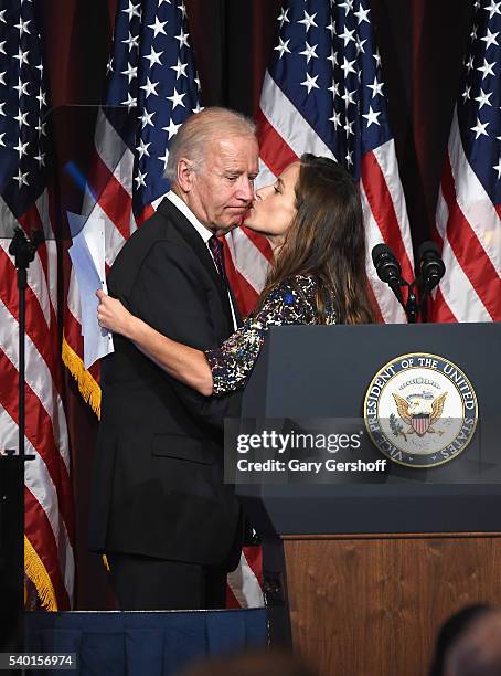 Vice President of the United States, event honoree Joe Biden receives a kiss from daughter Ashley Biden on stage during the 75th Annual Father Of The...