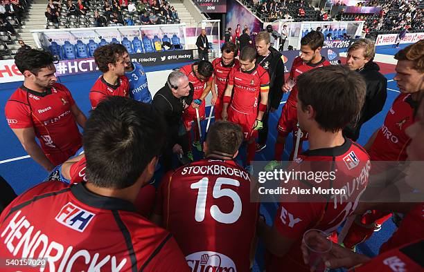 Belgium coach Shane McLeod talks to his players at the first break during the FIH Mens Hero Hockey Champions Trophy match between Australia and...