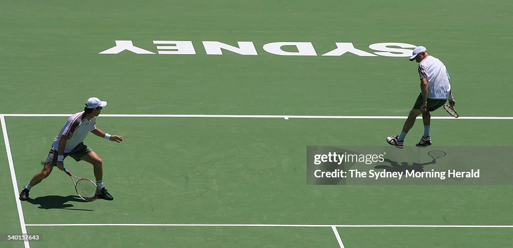 Medibank International, Sydney. Paul Hanley and Kevin Ullyett in action during t