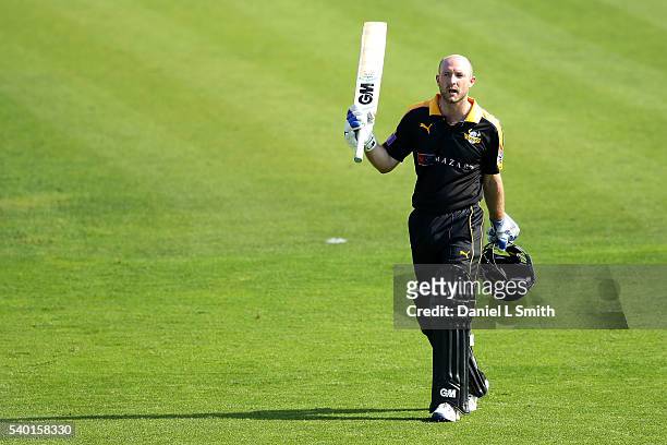 Adam Lyth Of Yorkshire salutes the crowd after being dismissed for 125 during the Royal London One-Day Cup match between Yorkshire and...