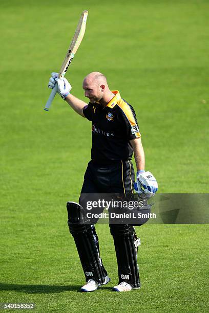 Adam Lyth Of Yorkshire salutes the crowd after being dismissed for 125 during the Royal London One-Day Cup match between Yorkshire and...