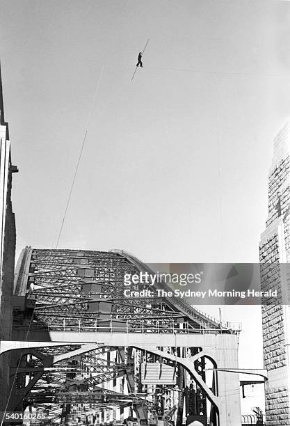 French tightrope walker Philippe Petit tightrope walks between the two pylons of the northern side of the Sydney Harbour Bridge, 3 June 1973. SMH...