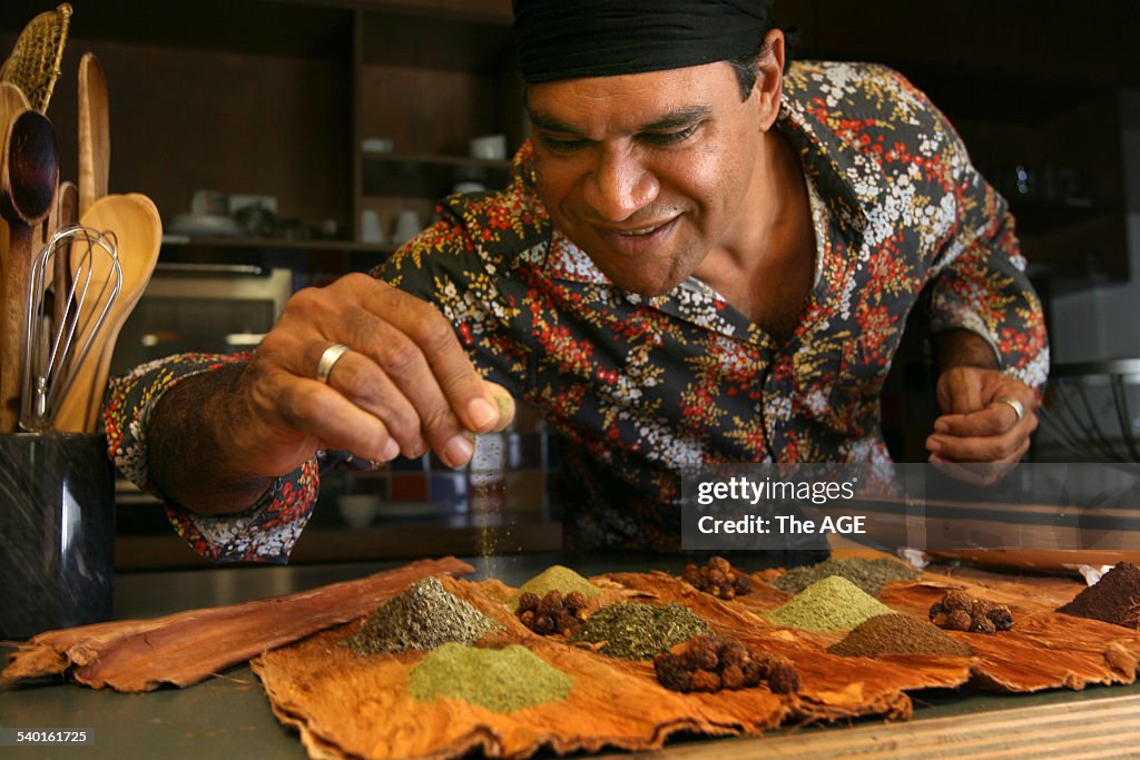 Aboriginal chef Mark Olive shows off native Indiginous herbs. He has written a c