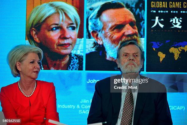 January 13: American author and public speaker Prof John Naisbitt with wife Doris Naisbitt poses at World Book Fair, Pragati Maidan during an...