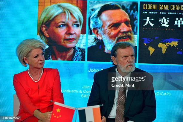 January 13: American author and public speaker Prof John Naisbitt with wife Doris Naisbitt poses at World Book Fair, Pragati Maidan during an...