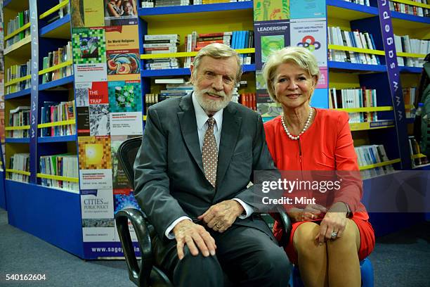 January 13: American author and public speaker Prof John Naisbitt with wife Doris Naisbitt poses at World Book Fair, Pragati Maidan during an...