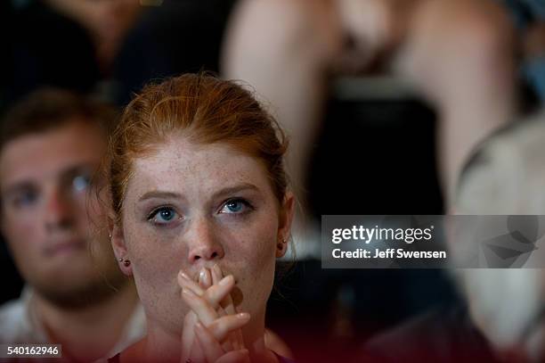 An audience member listens as presumptive Democratic nominee for president Hillary Clinton greets supporters at the International Brotherhood of...