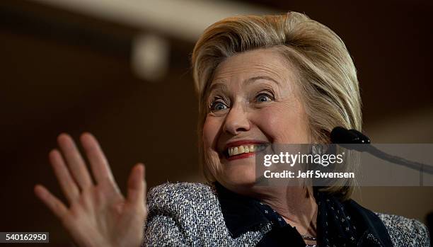 Presumptive Democratic nominee for president Hillary Clinton speaks to supporters at the International Brotherhood of Electric Workers Hall on...