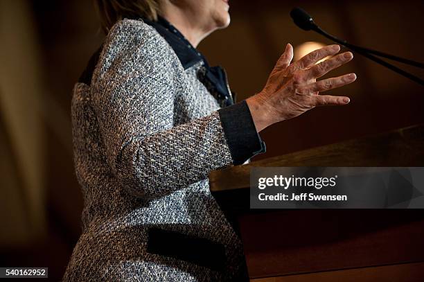 Presumptive Democratic nominee for president Hillary Clinton speaks to supporters at the International Brotherhood of Electric Workers Hall on...