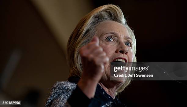 Presumptive Democratic nominee for president Hillary Clinton speaks to supporters at the International Brotherhood of Electric Workers Hall on...