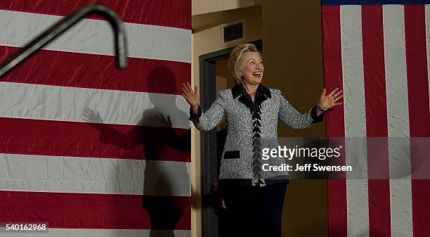Presumptive Democratic nominee for president Hillary Clinton speaks to supporters at the International Brotherhood of Electric Workers Hall on...