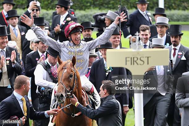 Frankie Dettori on board Galileo Gold celebrates after winning the St James's Palace Stakes at Royal Ascot 2016 at Ascot Racecourse on June 14, 2016...