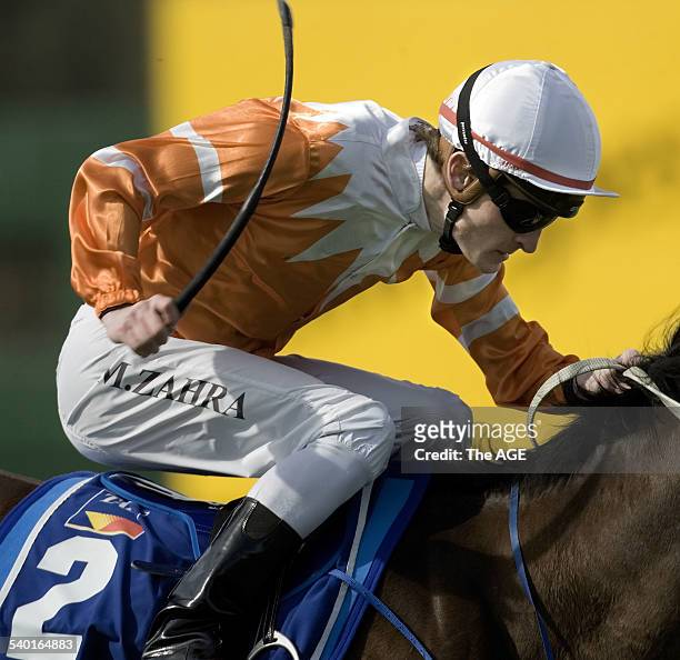 The soft hands of Mark Zahra riding Bugatti Royale at Sandown. 14 September 2006. THE AGE SPORT Picture by JOHN DONEGAN
