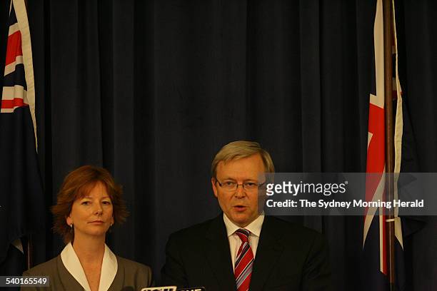 Federal Labor politicians Kevin Rudd, right, and Julia Gillard, address a press conference after announcing they will challenge Opposition Leader Kim...