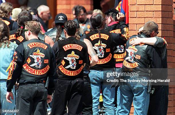 Members of the Bandidos biker gang attend the funeral of fellow member Sasha Milenkovic at the Serbioan Orthodox Church in Cabramatta, who was killed...