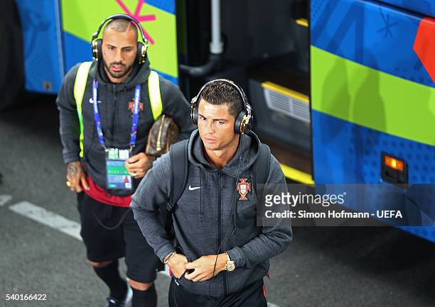 Cristiano Ronaldo of Portugal is seen on arrival at the stadium prior to the UEFA EURO 2016 Group F match between Portugal and Iceland at Stade...