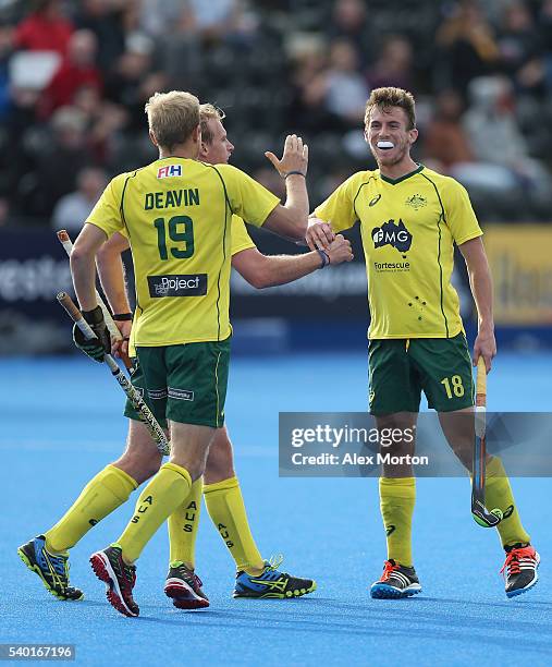 Tristan White of Australia celebrates after scorign their second goal during the FIH Mens Hero Hockey Champions Trophy match between Australia and...