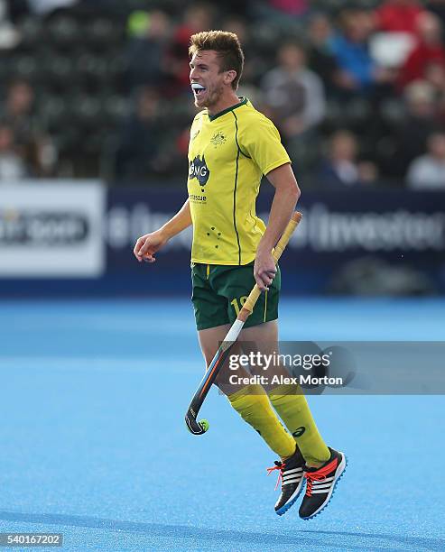 Tristan White of Australia celebrates after scorign their second goal during the FIH Mens Hero Hockey Champions Trophy match between Australia and...