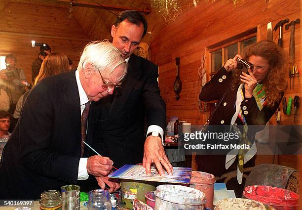 Arthur Boyd with former Prime Minister Paul Keating, and then wife Annita Keating, at Bundanon in 1999. 3 May, 1999. Illawarra Mercury Photograph by...